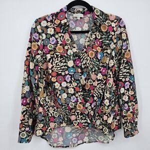 Status by Chenault Floral Wrap Blouse Black Multicolor Long Sleeve Size S